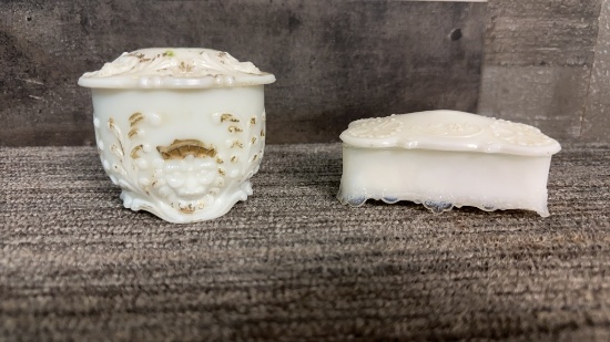 MILK GLASS: LION FACE JAR & OPAQUE JEWELRY BOX