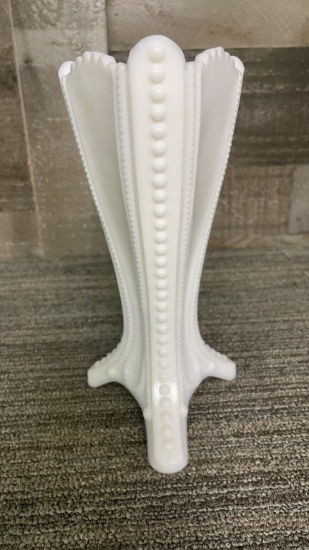 MILK GLASS PEARL DOT 3-TOED VASE
