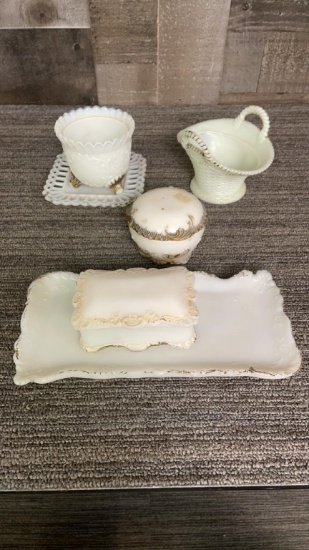WESTMORELAND GREEN HUE MILK GLASS BASKET & MORE