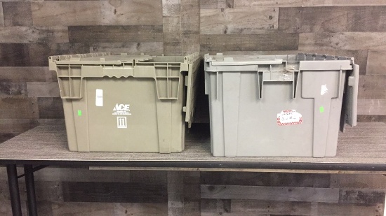 2)AKRO MILS INDUSTRIAL HARD PLASTIC HINGE LID TOTE