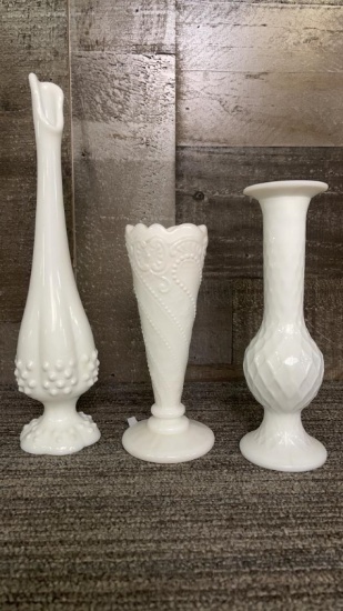 3) FENTON & MORE MILK GLASS VASES