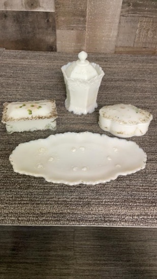 HAND PAINTED MILK GLASS VANITY SET