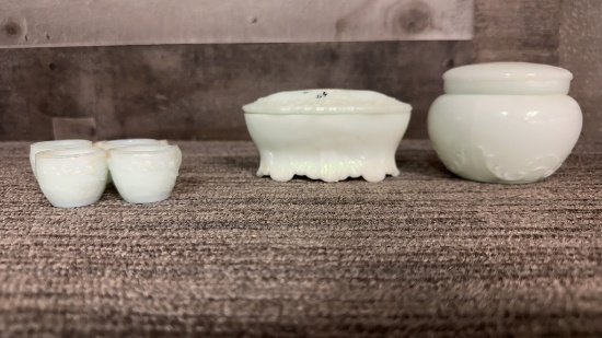 PALE GREEN MILK GLASS JAR & MINIATURE TEA CUPS