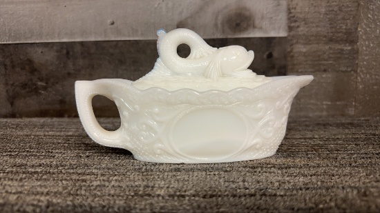 MILK GLASS KOI FISH LID COVERED DISH