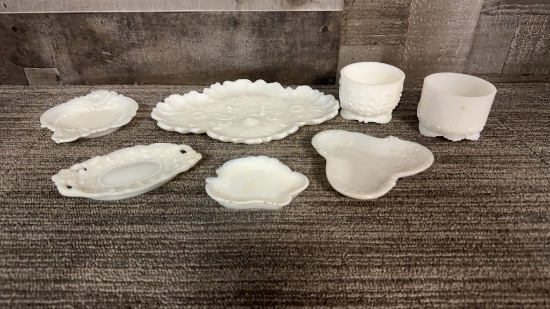 VTG MILK GLASS TRAYS & JARS