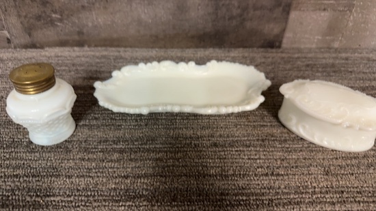 MILK GLASS VANITY DISH, TRAY, & SHAKER