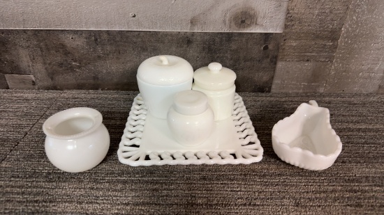 VINTAGE MILK GLASS VANITY ITEMS