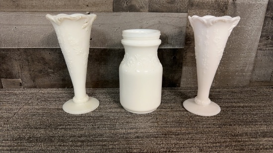 MILK GLASS VASES & MILK GLASS TWIST TOP JAR