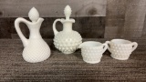 HOBNAIL MILK GLASS CRUET, SUGAR BOWL & CREAMER