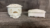 MILK GLASS: LION FACE JAR & OPAQUE JEWELRY BOX