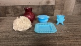 BLUE GLASS VANITY SET, RUBY GLASS PITCHER & MORE