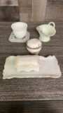 WESTMORELAND GREEN HUE MILK GLASS BASKET & MORE