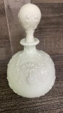 GREEN HUE LION HEAD MILK GLASS DECANTER