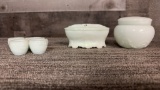 PALE GREEN MILK GLASS JAR & MINIATURE TEA CUPS