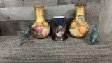 CAST IRON BIRDS, HAND PAINTED STEIN, & VASES