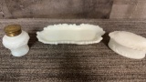 MILK GLASS VANITY DISH, TRAY, & SHAKER