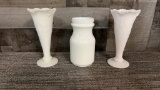 MILK GLASS VASES & MILK GLASS TWIST TOP JAR