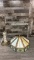 ANTIQUE 18 PANEL BRASS & SLAG GLASS TABLE LAMP