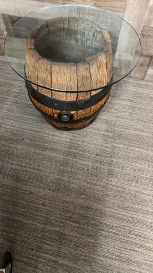 WOODEN KEG BARREL GLASS TOP TABLE
