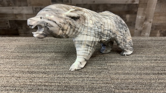 13"L CARVED MARBLE GRIZZLY BEAR SCULPTURE