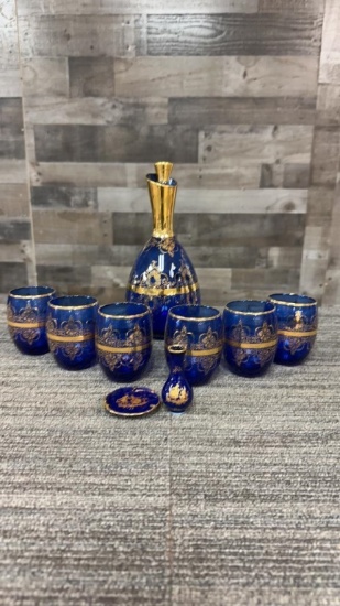 VENEZIA MURANO BLUE GLASS DECANTER & GLASSES