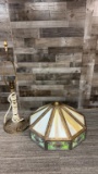 ANTIQUE 18 PANEL BRASS & SLAG GLASS TABLE LAMP