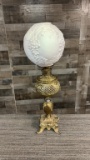 ANTIQUE B&H ELECTRIFIED BRASS OIL LAMP WITH SHADE