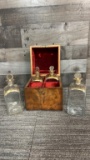 HARDWOOD LIQUOR BOX WITH GLASS DECANTERS