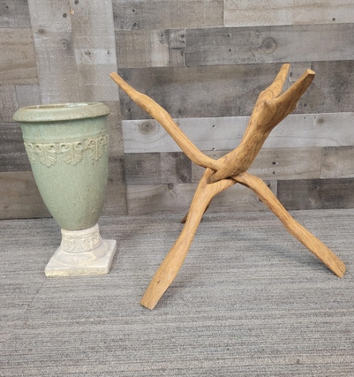 STONE URN PLANTER & WOODEN TRIPOD