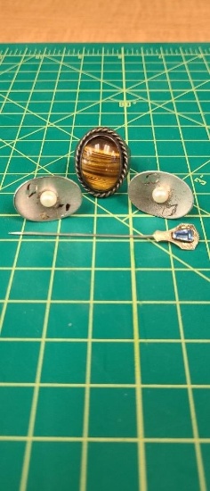 925 RING, STERLING CUFFLINKS & 10K PIN     26G