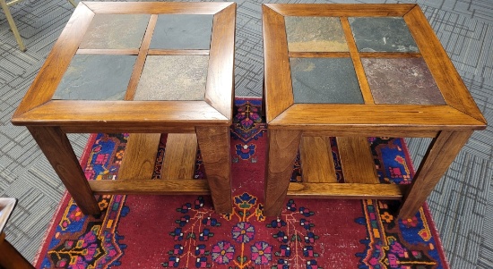 2) STONE PANEL WOOD END TABLES