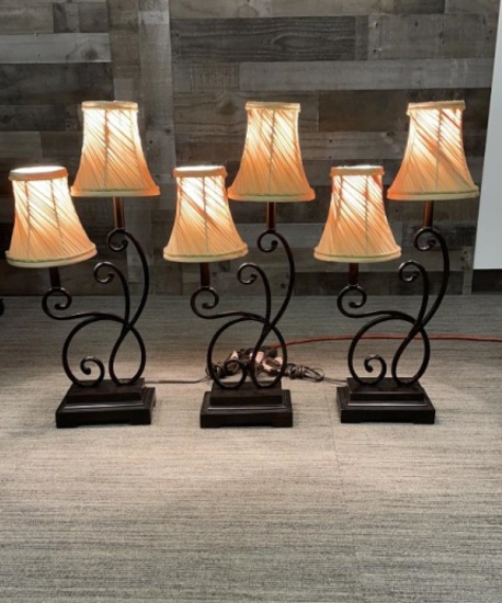 3) DOUBLE BULB SCROLL TABLE LAMPS