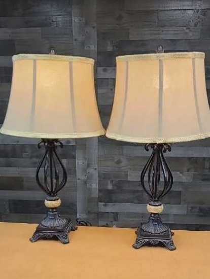 PAIR OF BLACK CAGE TABLE LAMPS WITH SHADE