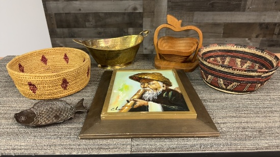 MAN SMOKING BAMBOO PIPE ART, IRON FISH TRAY & MORE