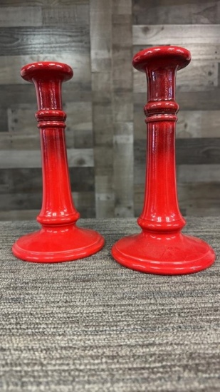 2) HAEGER MID-CENTURY RED CANDLESTICKS