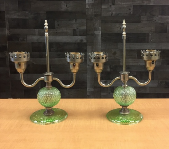 PAIR ART DECO GREEN GLASS CANDELBRA LAMPS