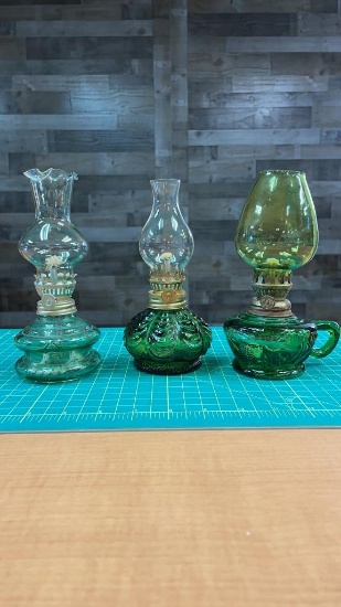 3) VTG GREEN GLASS KEROSENE OIL LAMPS