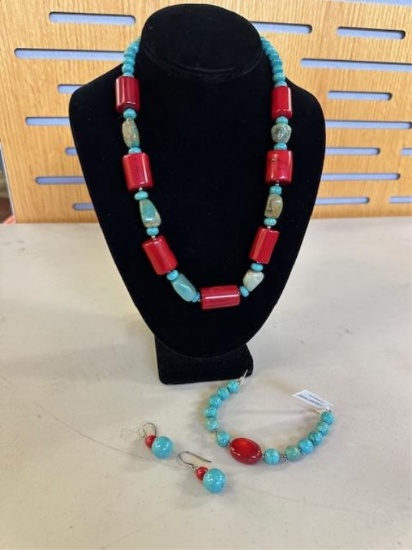 STERLING, TURQUOISE, OX BLOOD & CORAL JEWLERY SET