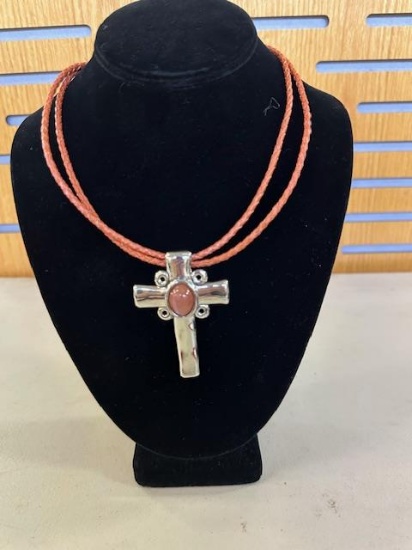 ISRAEL BRAIDED LEATHER CROSS PENDANT NECKLACE