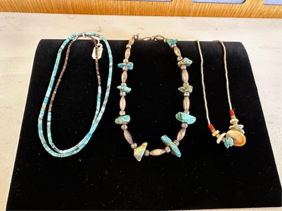 3) TURQUOISE, CORAL & SILVER BEAD NECKLACES