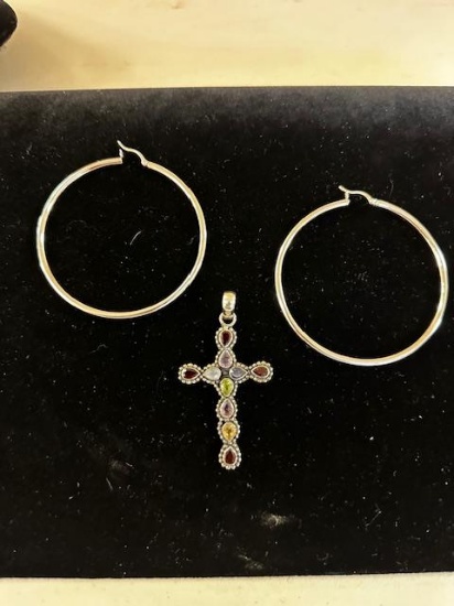 925 SILVER HOOP EARRINGS & CROSS PENDANT   20G