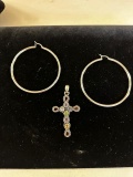 925 SILVER HOOP EARRINGS & CROSS PENDANT   20G