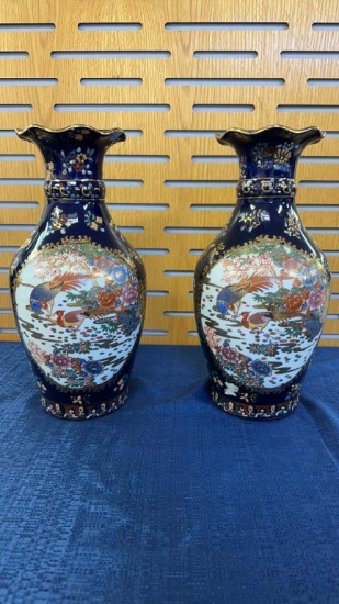 PAIR OF COBALT BLUE HAND PAINTED PEACOCK VASES