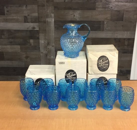 VTG TIARA GLASS BLUE HOBNAIL PITCHER & TUMBLERS