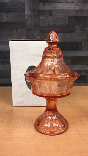 VTG TIARA GLASS CORAL STRAWBERRY LIDDED DISH