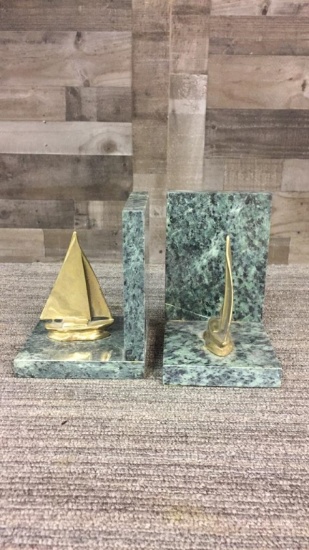 VINTAGE BRASS & MARBLE SAILBOAT BOOKENDS