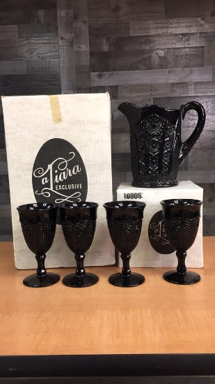 INDIANA GLASS BLACK MONARCH PITCHER & GOBLETS