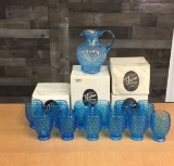 VTG TIARA GLASS BLUE HOBNAIL PITCHER & TUMBLERS