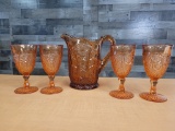 INDIANA GLASS AMBER MONARCH PITCHER & GOBLETS