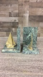 VINTAGE BRASS & MARBLE SAILBOAT BOOKENDS